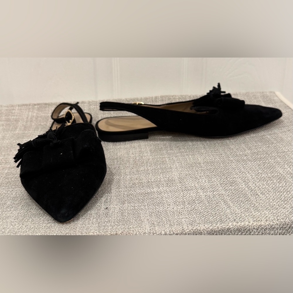 Woman ANN TAYLOR black Suede Tassel Sling back Flat Shoes Sz 7 EUC